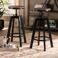 Baxton Studio LY-N0640-BS Maritta Vintage Industrial Rustic Walnut Finished Wood and Black Metal 2-Piece Adjustable Swivel Bar Stool Set